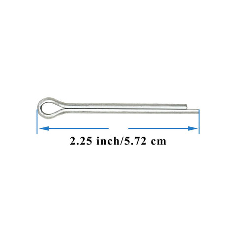 Side view: 2.25-inch cotter pin for trailer spindle kit; metal with looped end.