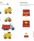 Pages from Busy Preschool Builders Learn With Trucks Tools And Mighty Machines In A Fun Construction Site Activity Book For Kid Friendly Hands And Curious Minds Ages 3 To 5, showing truck matching and toolbox activities.