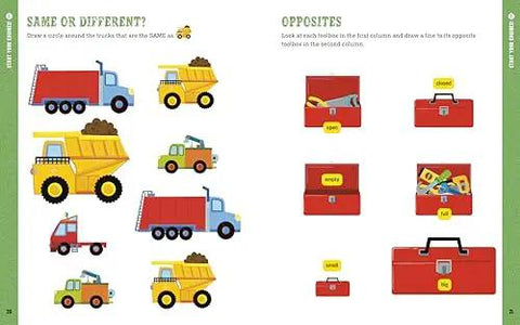 Pages from Busy Preschool Builders Learn With Trucks Tools And Mighty Machines In A Fun Construction Site Activity Book For Kid Friendly Hands And Curious Minds Ages 3 To 5, showing truck matching and toolbox activities.