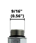 Close-up of a 1/4 JIC SAE ORB hydraulic elbow fitting showing 9/16 inch measurement for fluid power systems.