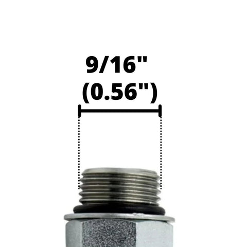 Close-up of a 1/4 JIC SAE ORB hydraulic elbow fitting showing 9/16 inch measurement for fluid power systems.