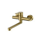 ntumLeap Brushed Nickel Wall Mounted Kitchen Faucet 180° Rotating Hot & Cold Water Mixer Dual Hole Basin Tap in brushed gold finish.