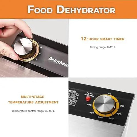 Heavy Duty Commercial Food Dehydrator With Reinforced Stainless Steel Trays And Adjustable Temp Timer Controls for easy temperature adjustment.