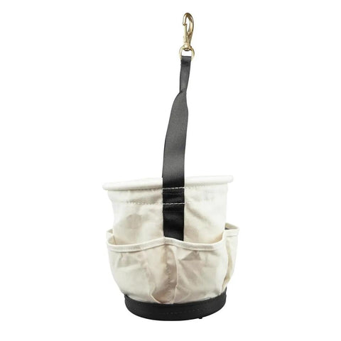 Heavy Duty Tapered Wall Bucket With Four Pockets For Pros, black reinforced handle, close-up front view