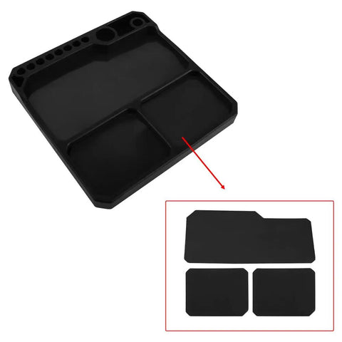 Silicone Tool Tray Organizer With Magnetic Parts Tray And Stand, showing sections, heat resistant, flame retardant silicone, black