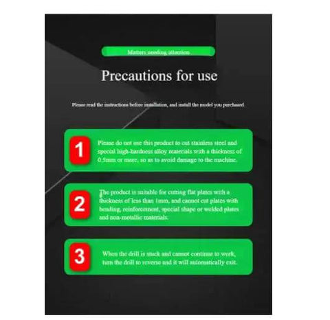 Precautions for use instructions for Electric Drill Sheet Metal Cutter Attachment, highlighting usage warnings and guidelines.