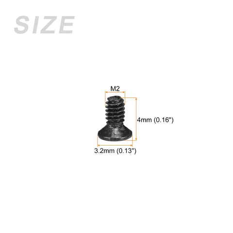 Top Shelf Phillips Flat Head Machine Screws In M2 X 4mm Size with measurements showcasing black carbon steel finish.