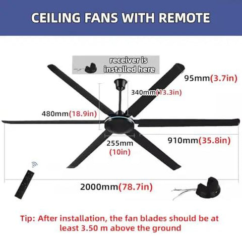 Heavy Duty Six Blade Ceiling Fan Brings No Sweat Cooling Vibes To Any Home Or Garage With Silent Whisper Flow And Rock Solid Everyday Performance You Love, remote included, dimensions labeled
