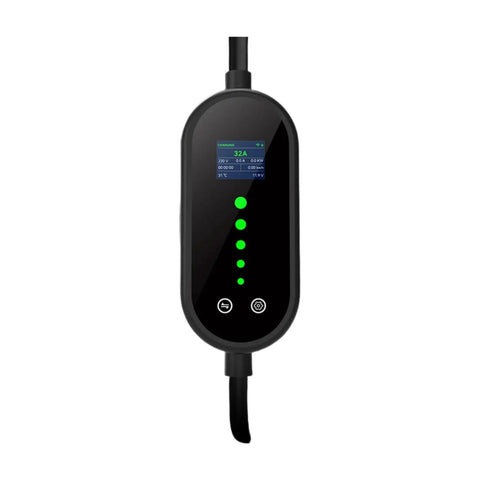 Kick Your Range Up With This Beefy 32 Amp 7Kw Level 2 Evse Portable Charger Featuring J1772 Plugs And Ip65 Shielding shown from front with display and indicators.