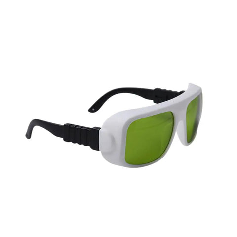 Badass Infrared Laser Protective Glasses Featuring Slick Clear Lenses And Ill OD 8 Plus Shielding For Top Tier 900 To 1100 Nm Eye Safety and Pro Grade Workshop Protective Equipment side view with green lenses.