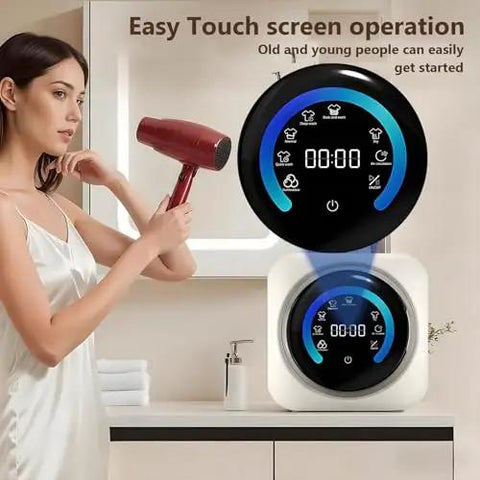 Mini Portable Washer And Dryer Combo, 3.5L Ridiculously Compact Laundry Machine For Travel Dorm Rv, touch screen interface shown in bathroom.