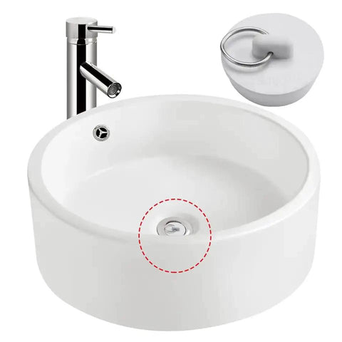 Six Size Rubber Sink Stoppers With Pull Ring Universal Fit Drain Plugs Fits Kitchen Bath Laundry Tub, shown in white sink.