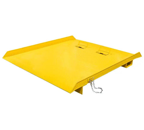 Tough As Nails Heavy Duty 84 By 96 Inch Shipping Container Loading Ramp With Fold Down Loop Flips And Safety Chain Forklift Ready 15000 Pound Capacity yellow steel ramp with safety chain