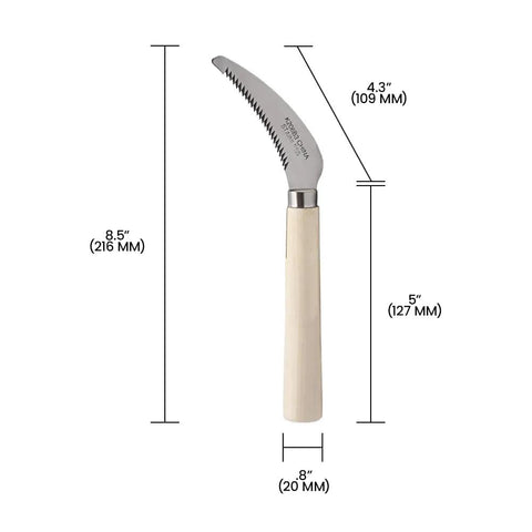 Berry Knife And Weeding Sickle With Lightweight Wood Handle, showing stainless steel serrated and curved hook blades, dimensions labeled