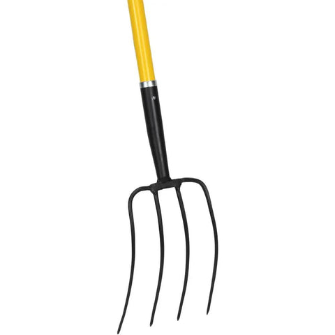 Four Tine Spading Fork With A 48 Inch Straight Fiberglass Handle For Root Lifting And Transplanting Garden Plants, Sturdy Steel Tines