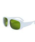 Pro Grade Infrared Laser Protective Eyewear Built Different For Pros With Crystal Clear View And Straight Up Reliable Blocking For Nd Yag Diode Systems And High Power Beams, white frame with green lenses.