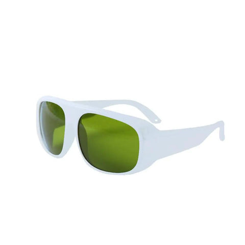 Pro Grade Infrared Laser Protective Eyewear Built Different For Pros With Crystal Clear View And Straight Up Reliable Blocking For Nd Yag Diode Systems And High Power Beams, white frame with green lenses.