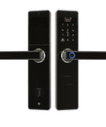 Rock Solid Smart Door Lock With Built In Doorbell And Hassle Free Fingerprint Password Card Keypad Entry C Grade Digital Deadbolt, black finish, side view.