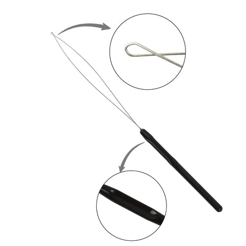 Pro Grade Hair Extension Loop Needle Threader Set With 10 Black Pulling Hooks And Bead Tools For Easy Weaving And Securing Hair Extensions Durable Plastic Handles Quick No Fuss DIY Salon Quality Tool Kit loop needle with black plastic handle and metal hook tip