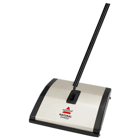 Lightweight Manual Carpet And Hard Floor Sweeper Featuring Dual Rotating Brush Roll Plus Corner Edge Brushes, compact design for easy use.
