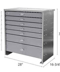 Badass Seven Drawer Steel Tool Chest For Pickup Trucks And Workshops Featuring Heavy Duty Rolling Cabinet with dimensions and silver finish.