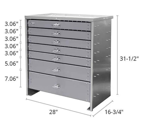 Badass Seven Drawer Steel Tool Chest For Pickup Trucks And Workshops Featuring Heavy Duty Rolling Cabinet with dimensions and silver finish.