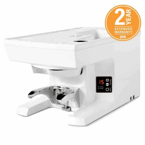 Pro Grade Automated Coffee Tamper Engineered For Mythos And Nuova Simonelli Grinders, 58mm white device with adjustable pressure settings.