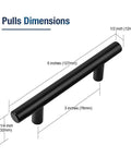 Dimensions diagram of Set Of 30 Matte Black Cabinet Pulls, 5 Inch Length, 3 Inch Hole Centers (76mm), stainless steel drawer handles.