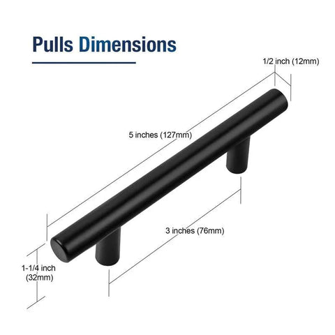 Dimensions diagram of Set Of 30 Matte Black Cabinet Pulls, 5 Inch Length, 3 Inch Hole Centers (76mm), stainless steel drawer handles.