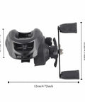 Side view of low profile fishing reel with nylon spool, 8 kg drag, 7.2:1 gear ratio, smooth casting, right hand retrieve, 12x8 cm size.
