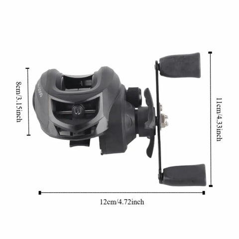 Side view of low profile fishing reel with nylon spool, 8 kg drag, 7.2:1 gear ratio, smooth casting, right hand retrieve, 12x8 cm size.