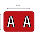 ABKM Compatible Alpha Labels Red A 1 Inch By 1.5 Inch, shown front view, with size dimensions, for filing organization