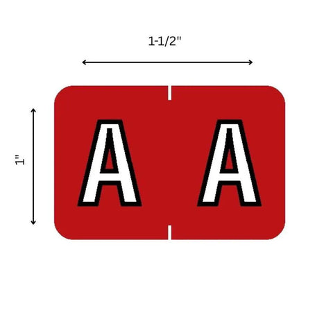 ABKM Compatible Alpha Labels Red A 1 Inch By 1.5 Inch, shown front view, with size dimensions, for filing organization