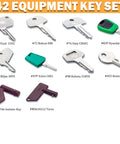 Enhanced 42 Piece Heavy Equipment Key Set showing various ignition keys compatible with CAT, Volvo, JCB, Kubota, Deere, Komatsu.