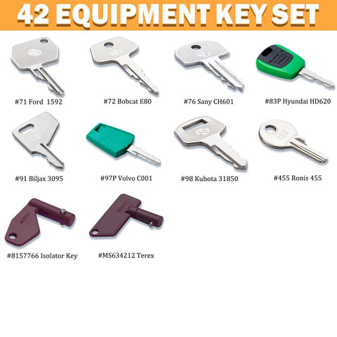 Enhanced 42 Piece Heavy Equipment Key Set showing various ignition keys compatible with CAT, Volvo, JCB, Kubota, Deere, Komatsu.