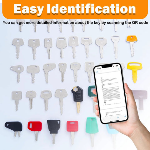 Enhanced 42 Piece Heavy Equipment Key Set displayed with keys in various shapes and colors, compatible with CAT and other brands.