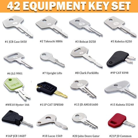 Enhanced 42 Piece Heavy Equipment Key Set displayed with 16 key types for excavators, loaders, skid steers across top brands.