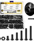 420 Piece M5 Nuts And Bolts Set With Hex Button Head Screws shown in black finish with washers, nuts, and hex wrenches, DIY projects