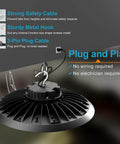 Power Through Your Warehouse With 420W LED High Bay UFO Lights Delivering 63000lm, AC100-277V 5000K Daylight, Ideal For 30 To 60 Ft High Ceilings, Energy Saving Shop Lights, 5 Pack By Lightdot, shown with sturdy metal hook and plug cable for easy installation.