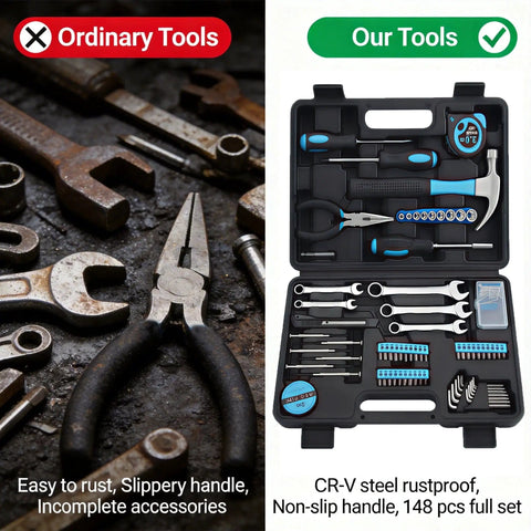 Comparison between ordinary tools and 148 Piece General Household Hand Tool Kit With Portable Toolbox For Home, Office And Workshop Repairs, Blue