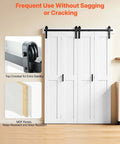60 Inch By 84 Inch Bifold Barn Door With MDF Panels, Sliding Closet Door System Includes Header Board And Hardware Kit, H Frame Space Saving Design, Preassembled Panels, White Finish, Quiet And Waterproof.