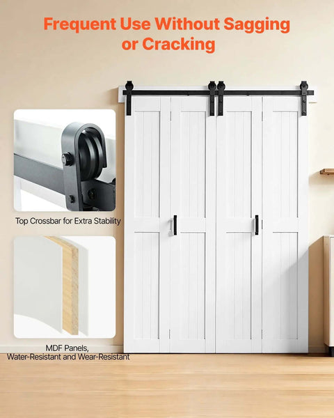 60 Inch By 84 Inch Bifold Barn Door With MDF Panels, Sliding Closet Door System Includes Header Board And Hardware Kit, H Frame Space Saving Design, Preassembled Panels, White Finish, Quiet And Waterproof.