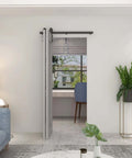 Living room with 43 Inch Bi Folding Sliding Barn Door Hardware Kit For Two Doors Heavy Duty Side Mounted Bifold Door System installed