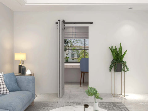 Living room with 43 Inch Bi Folding Sliding Barn Door Hardware Kit For Two Doors Heavy Duty Side Mounted Bifold Door System installed