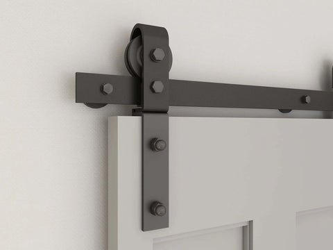 Close-up view of 43 Inch Bi Folding Sliding Barn Door Hardware Kit with side mounted bifold system and two rollers.
