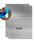 Two-pack of 430 Stainless Steel Magnetic Mounting Plates 12 x 6 inches 0.5mm thick with mirror finish, protective film removal shown.