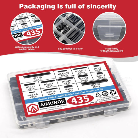 Premium 435-Piece Roll Pin Set By AIMUNOK packaging, showing labeled compartments with M1.5 to M6 sizes, 65Mn steel, black oxide finish.