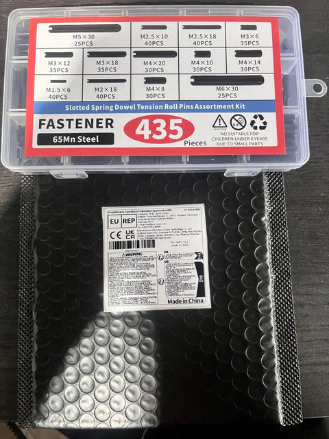 Premium 435-Piece Roll Pin Set By AIMUNOK with black oxide 65Mn steel pins in labeled storage box on table, fastening kit M1.5-M6.