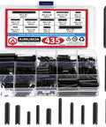 Premium 435-Piece Roll Pin Set By AIMUNOK With slotted tension pins, split dowels, expansion pins, M1.5 to M6 in a storage box.