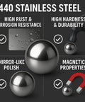 Two Pack One And One Quarter Inch Diameter 440 Stainless Steel Bearing Balls G25 Precision Grade For Industrial Machinery Mechanical Projects And Hobby Use Tough Workhorse displayed with features like rust resistance, hardness, polish, and magnetic properties.